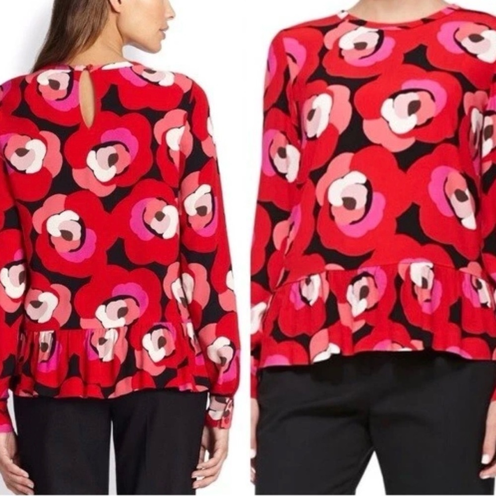 Kate Spade Women's Size 10 Deco Rose Peplum Long Sleeve Blouse Red Multi